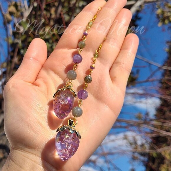 Strawberry Crystal Earrings Pink Acrylic Strawberry Charm with Amethyst - Picture 5 of 5